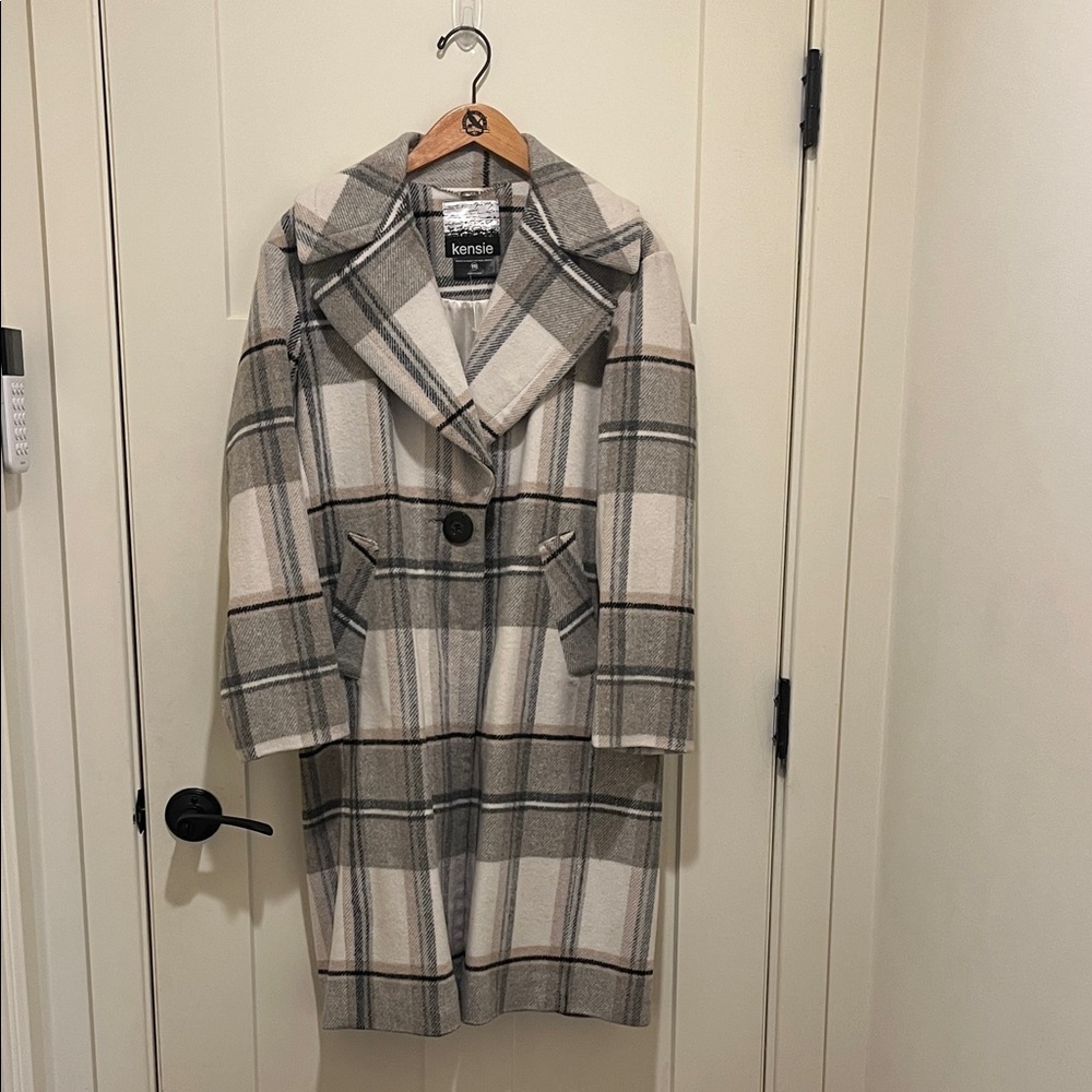 Kensie Women's Trench Coat - Gray and Cream Plaid